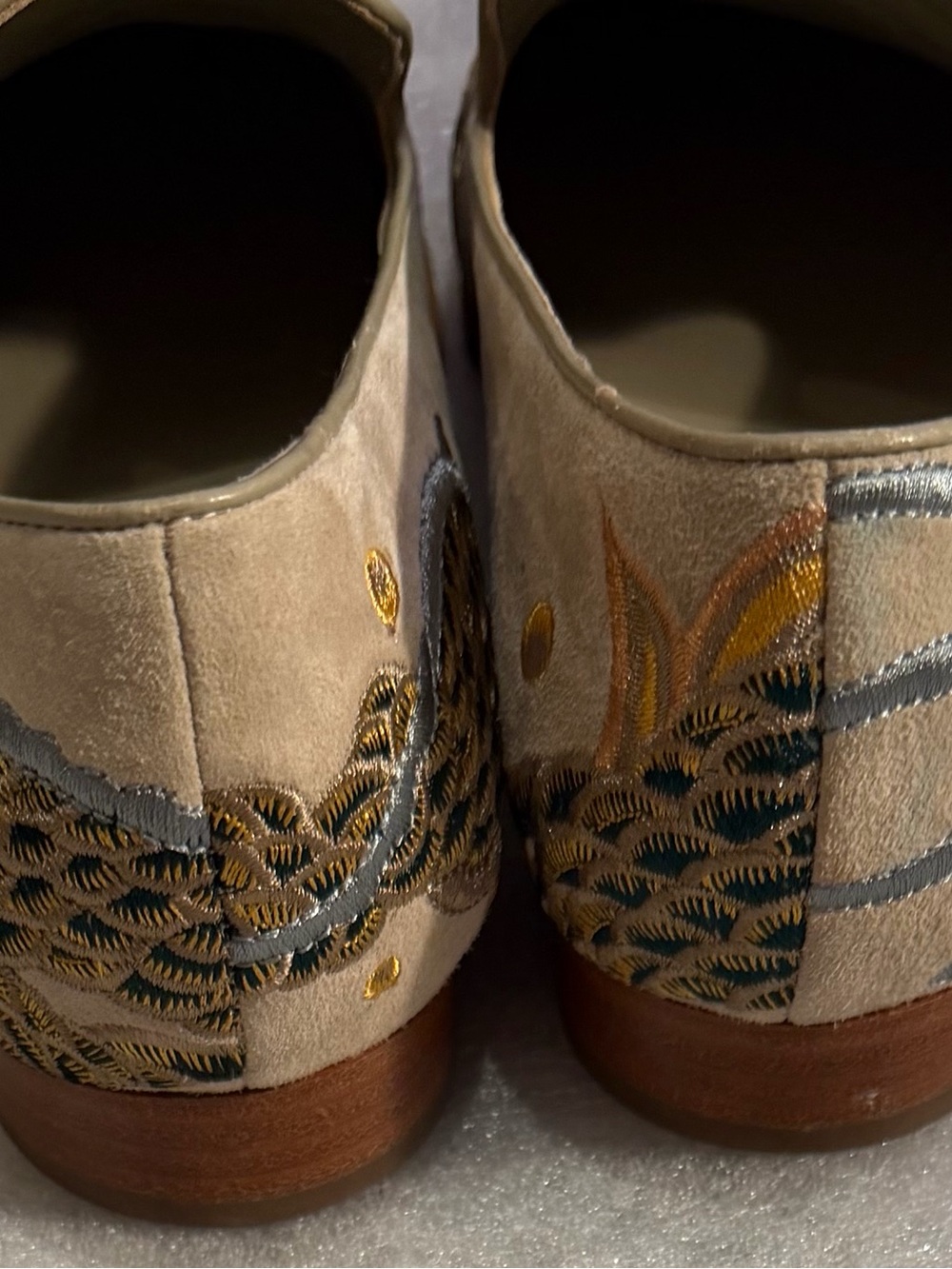 Johnny Was Taupe Suede Loafers with Gold & Gray Embroidery - Picture 4 of 8